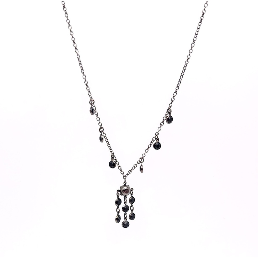 Vintage Bonnie J Black Crystal Y Drop Necklace Gunmetal Tone Signed Adjustable